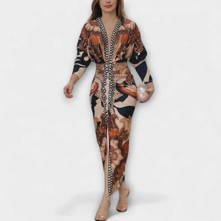 Cleo - Vestidos Midi Únicos com Mangas Dolman e Estampado Brasileiro