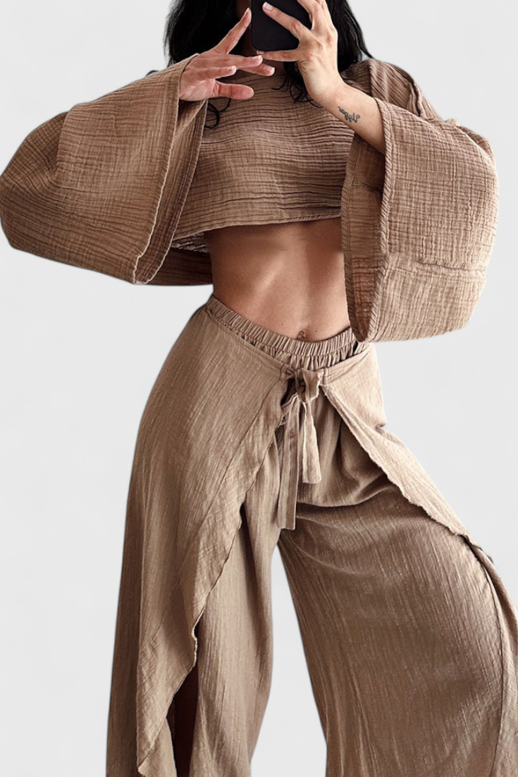 Elsie - Conjunto Fluido com Kimono e Calças Cruzadas