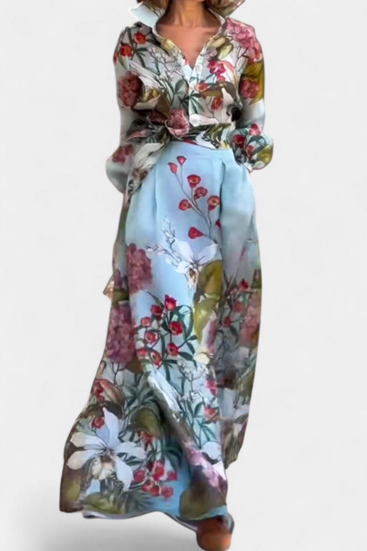 Sanne Conjunto Elegante Estampado de Camisa e Calças Fluidas