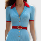 Sina - Vestidos Justos às Riscas em Azul Pastel com Estilo