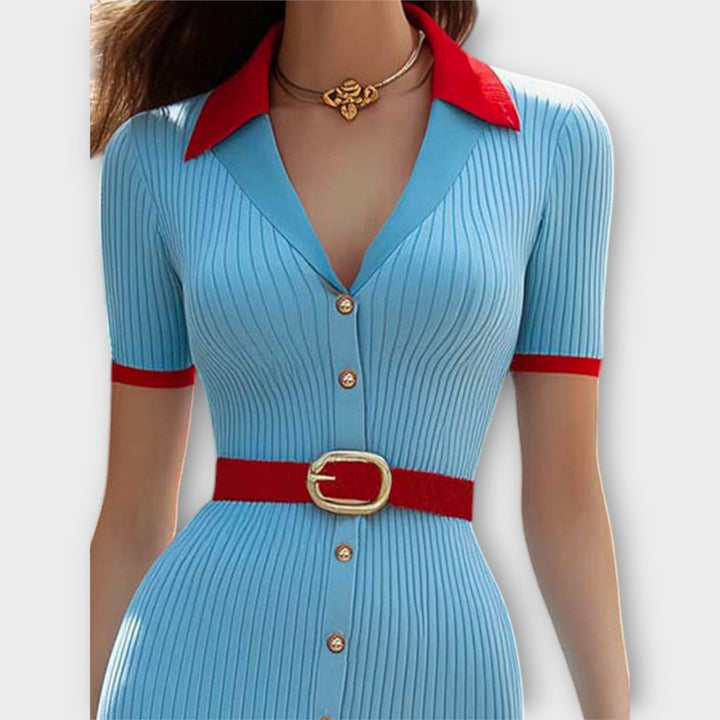 Sina - Vestidos Justos às Riscas em Azul Pastel com Estilo