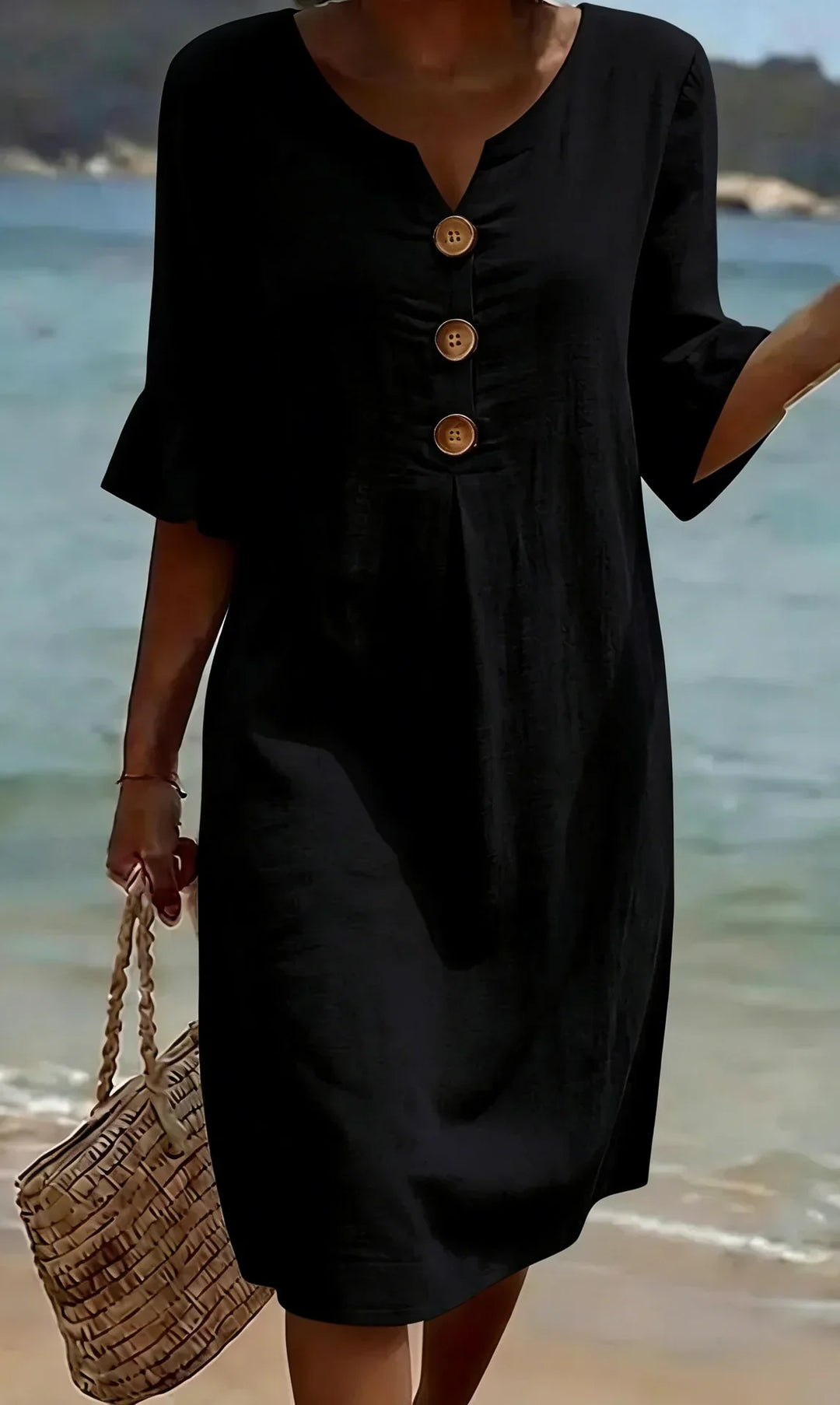 Vanesa | Vestido com Textura de Linho com Manga Bufante e Botões
