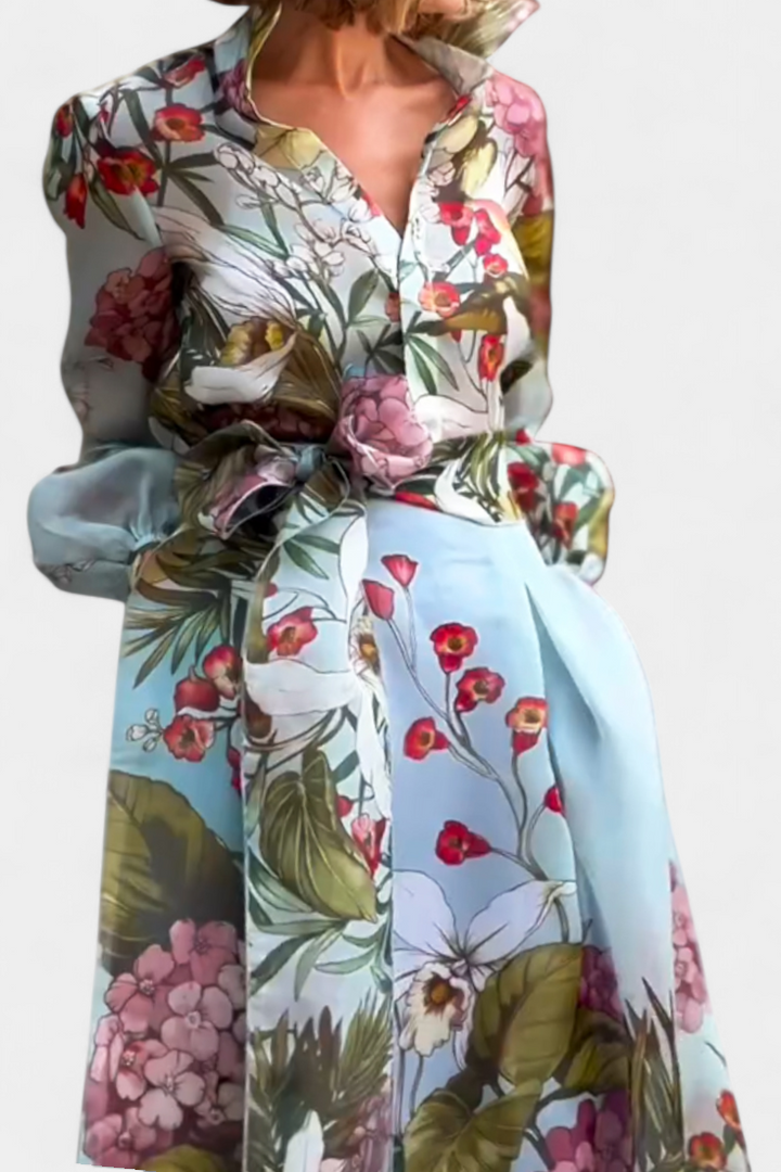 Sanne Conjunto Elegante Estampado de Camisa e Calças Fluidas
