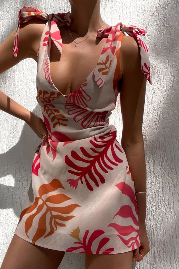 Vestido mini com estampado tropical para mulher com laços ajustáveis nos ombros