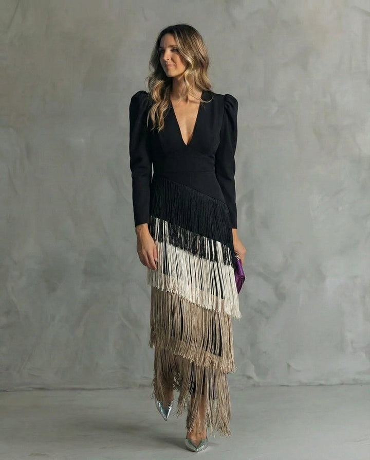 Alessia - Vestido Midi Elegante com Mangas de Franjas