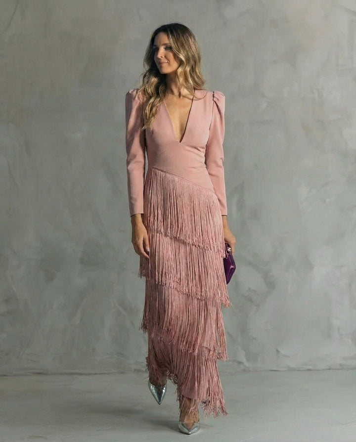 Alessia - Vestido Midi Elegante com Mangas de Franjas