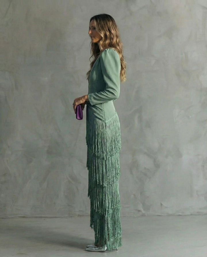 Alessia - Vestido Midi Elegante com Mangas de Franjas