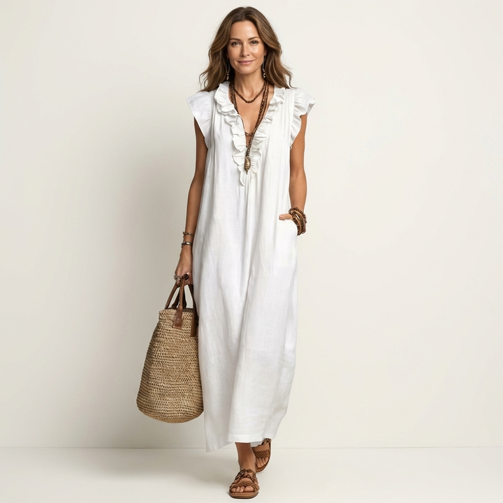 Josefina | Vestido Comprido com Textura de Linho com Decote em Bico e Folhos