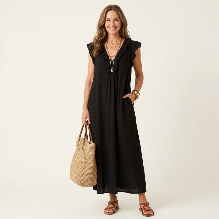 Josefina | Vestido Comprido com Textura de Linho com Decote em Bico e Folhos