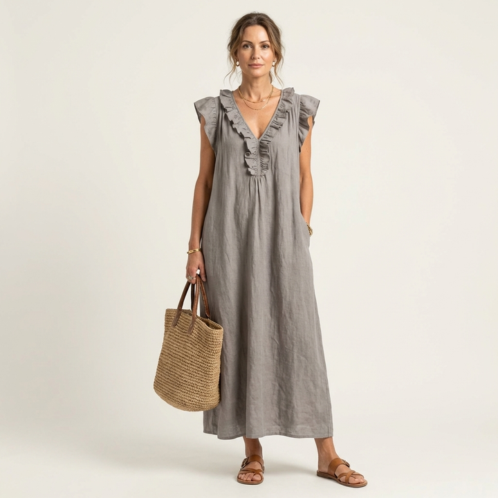 Josefina | Vestido Comprido com Textura de Linho com Decote em Bico e Folhos
