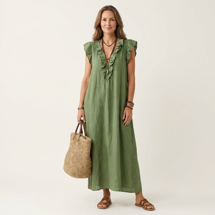 Josefina | Vestido Comprido com Textura de Linho com Decote em Bico e Folhos