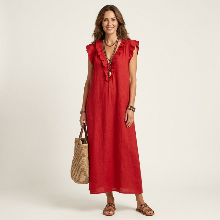 Josefina | Vestido Comprido com Textura de Linho com Decote em Bico e Folhos