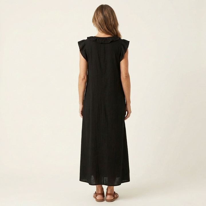 Josefina | Vestido Comprido com Textura de Linho com Decote em Bico e Folhos