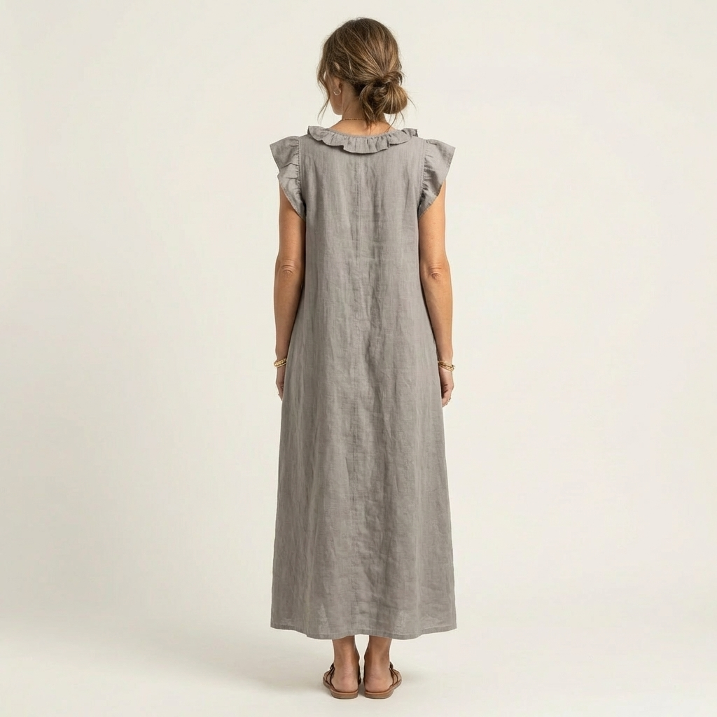Josefina | Vestido Comprido com Textura de Linho com Decote em Bico e Folhos