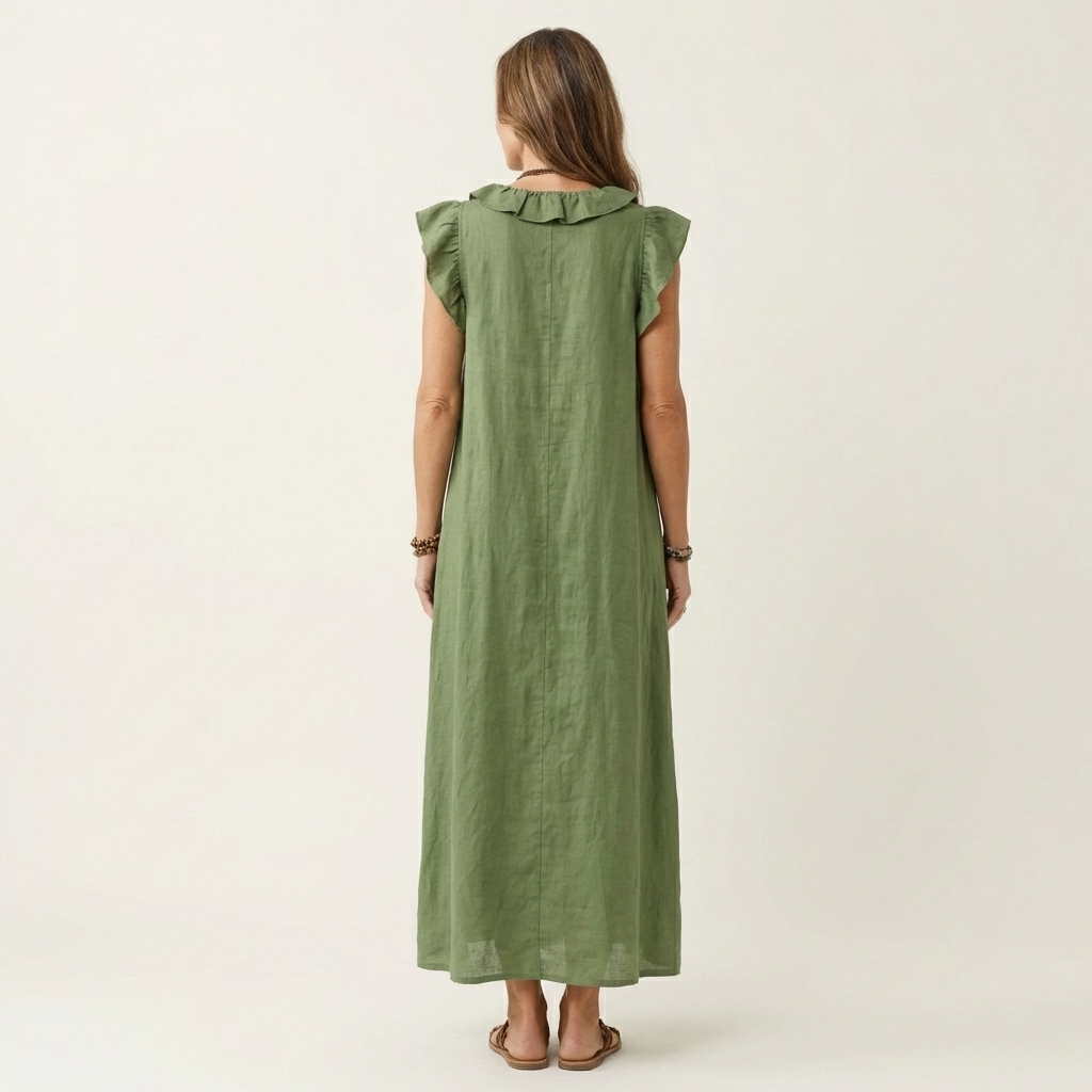 Josefina | Vestido Comprido com Textura de Linho com Decote em Bico e Folhos