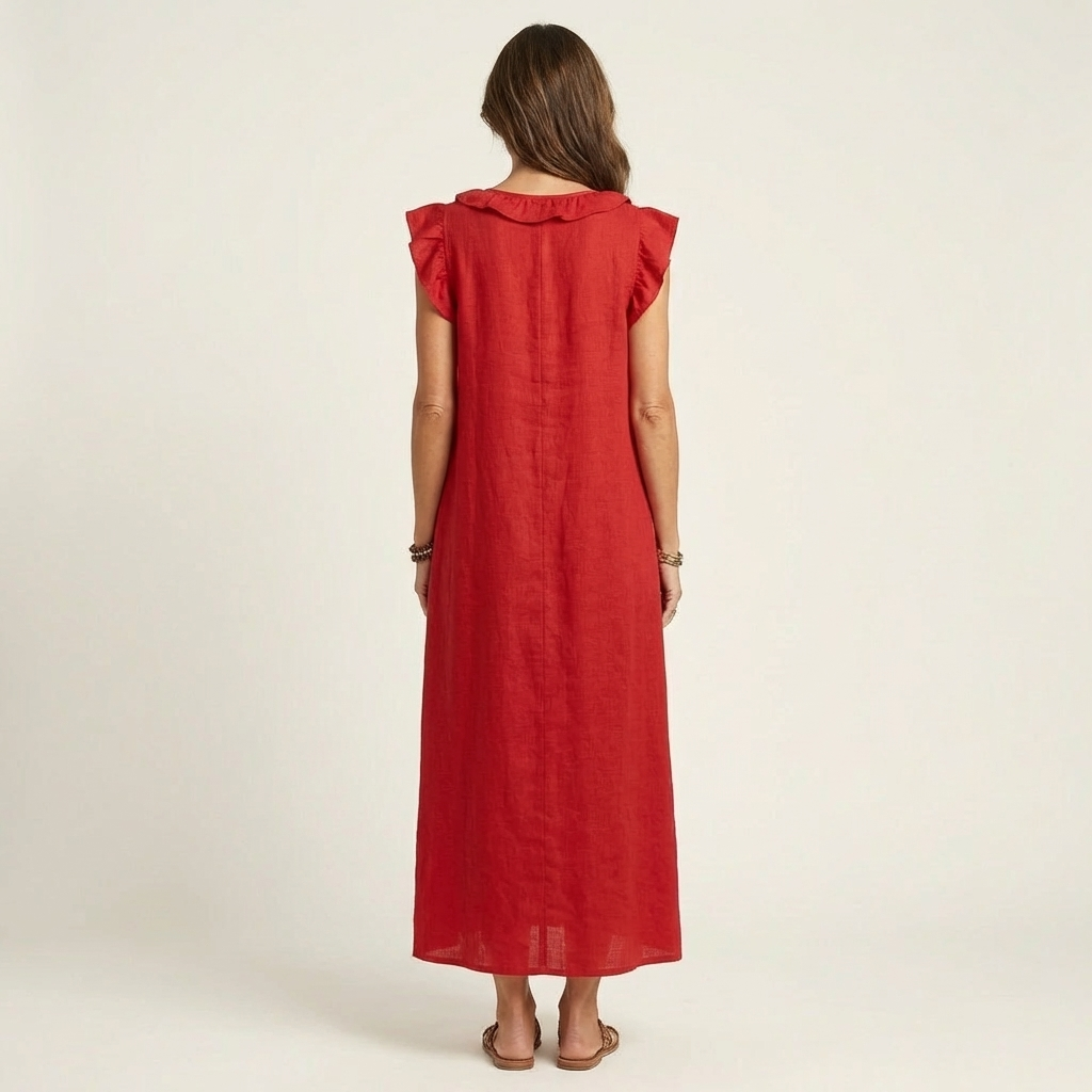 Josefina | Vestido Comprido com Textura de Linho com Decote em Bico e Folhos