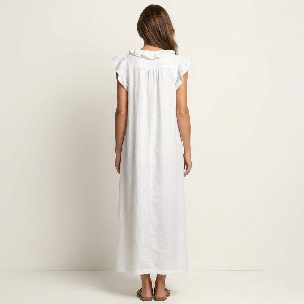 Josefina | Vestido Comprido com Textura de Linho com Decote em Bico e Folhos