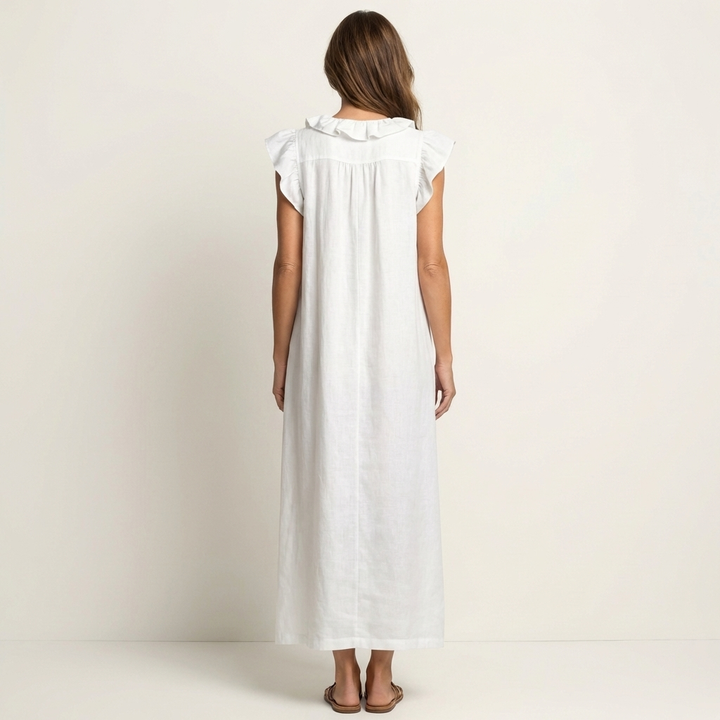 Josefina | Vestido Comprido com Textura de Linho com Decote em Bico e Folhos