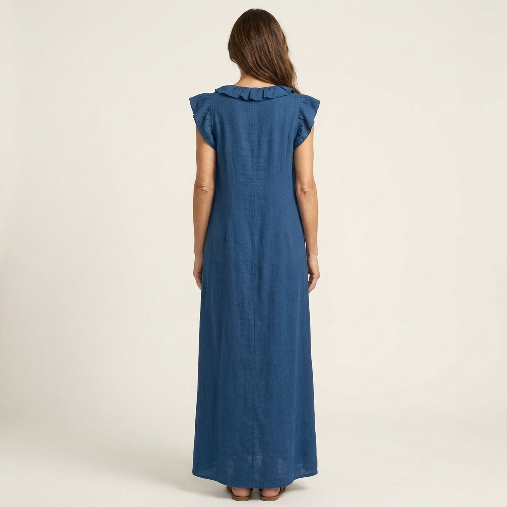 Josefina | Vestido Comprido com Textura de Linho com Decote em Bico e Folhos