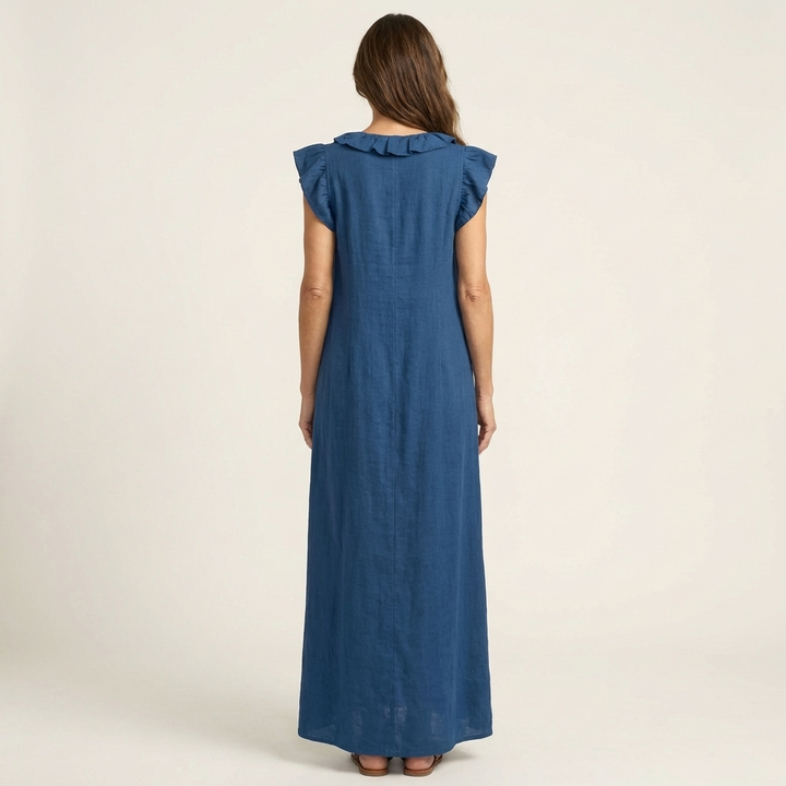 Josefina | Vestido Comprido com Textura de Linho com Decote em Bico e Folhos