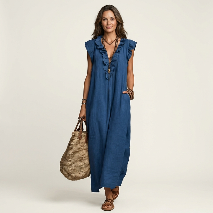 Josefina | Vestido Comprido com Textura de Linho com Decote em Bico e Folhos