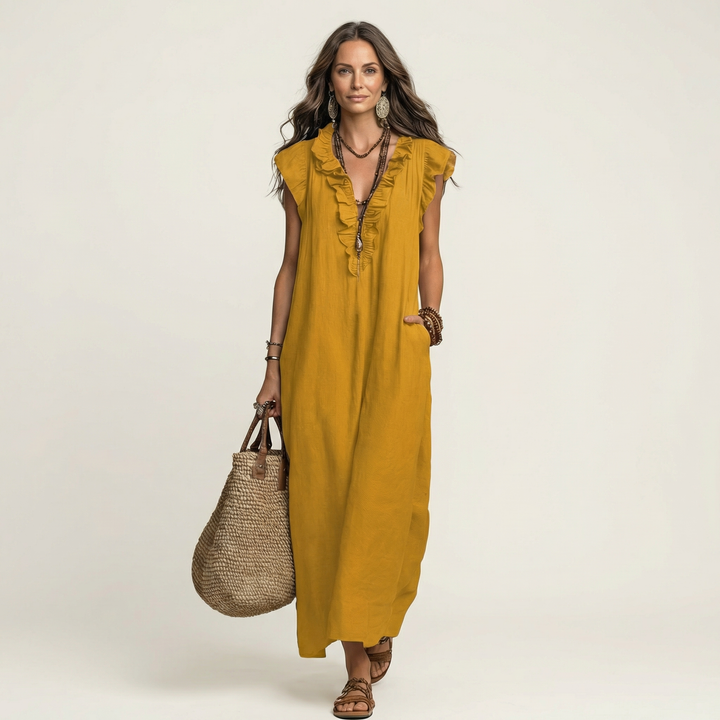 Josefina | Vestido Comprido com Textura de Linho com Decote em Bico e Folhos
