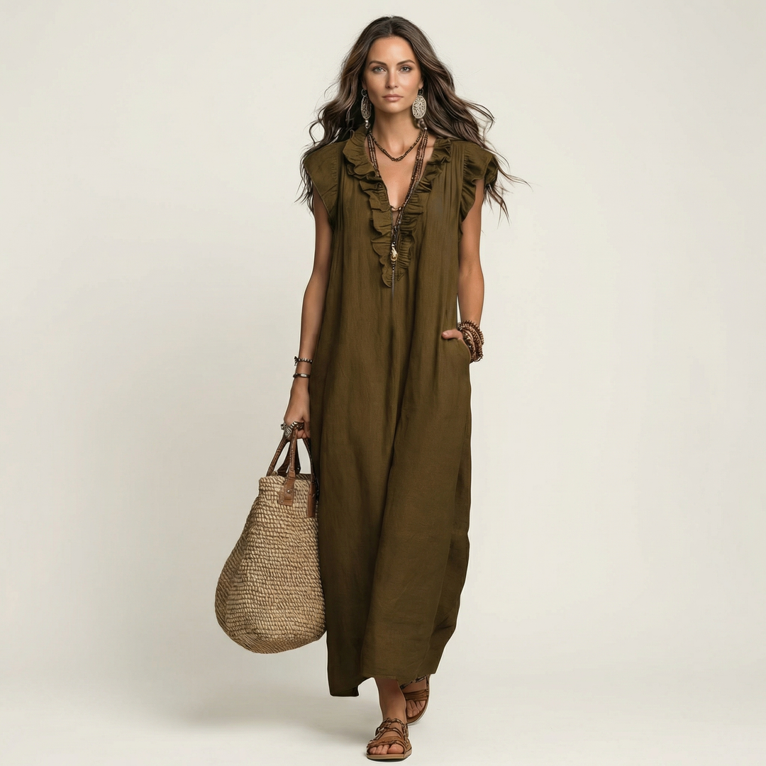 Josefina | Vestido Comprido com Textura de Linho com Decote em Bico e Folhos