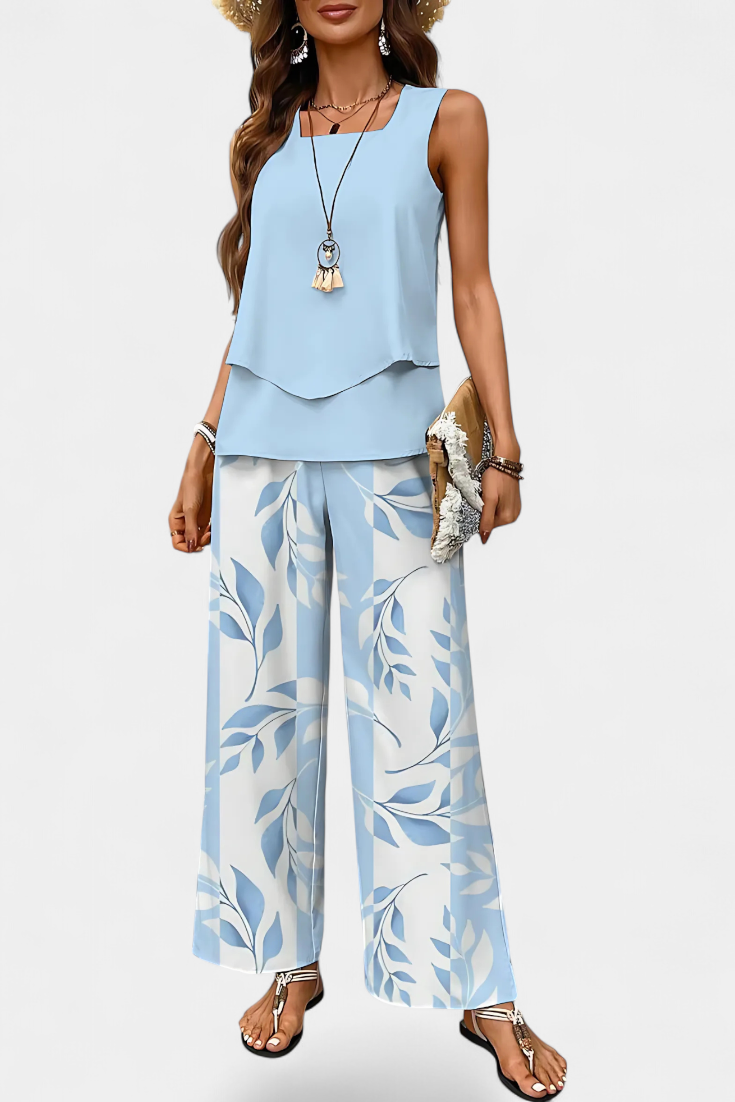 Martina Conjunto Boho Elegante sem Mangas com Calças Retas Estampadas