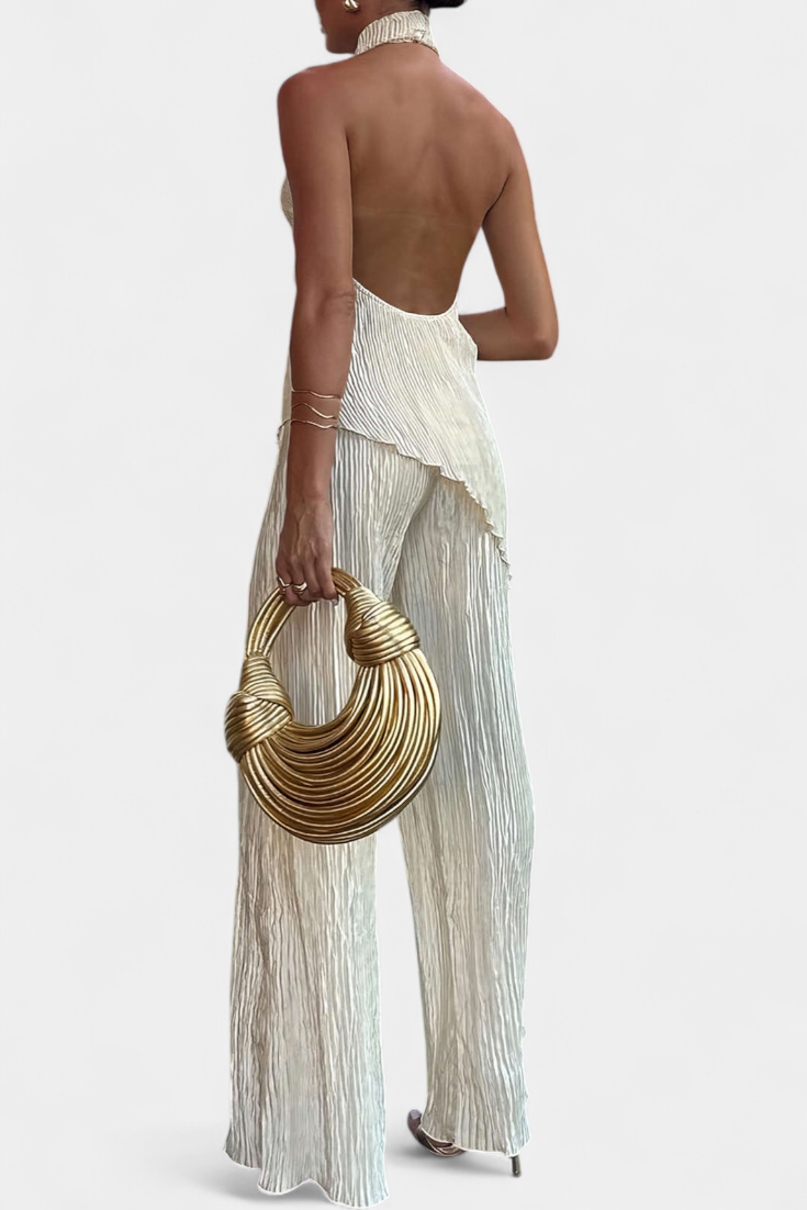 Pilarica Conjunto Plissado com Top Assimétrico Halter e Calças Fluidas
