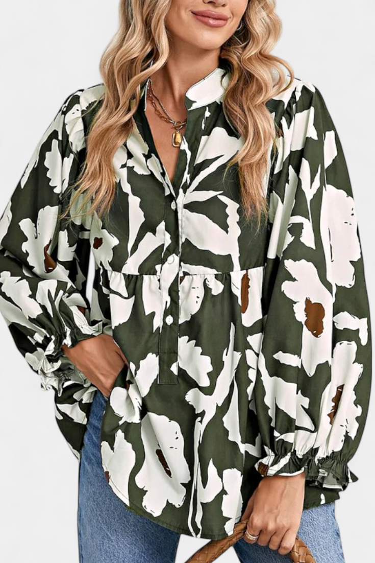 Filomena - Blusa com Botoadura Parcial e Manga Bufante com Estampado Floral Abstrato