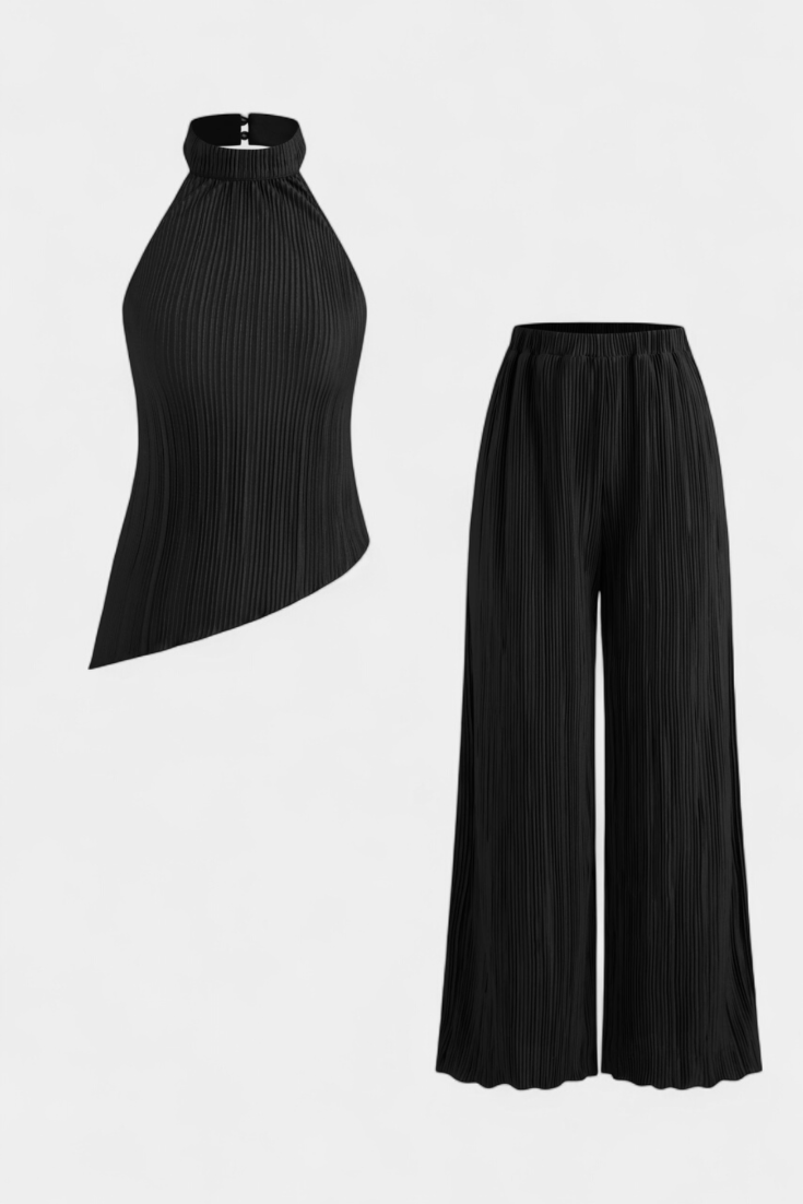 Pilarica Conjunto Plissado com Top Assimétrico Halter e Calças Fluidas