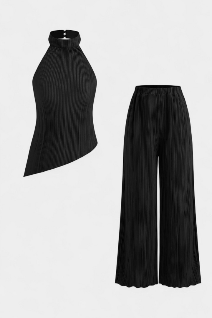 Pilarica Conjunto Plissado com Top Assimétrico Halter e Calças Fluidas