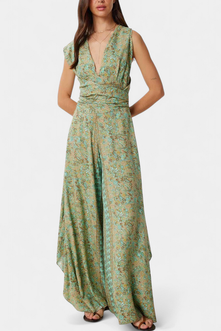 Leandra Macacão Fluido Cruzado com Estampado Floral Verde