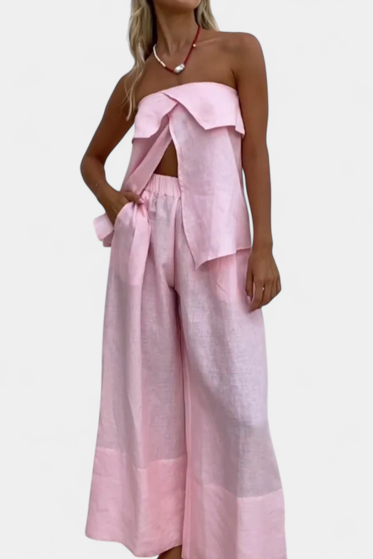 Oriana Conjunto Strapless com Saia de Abertura em Cor Lisa