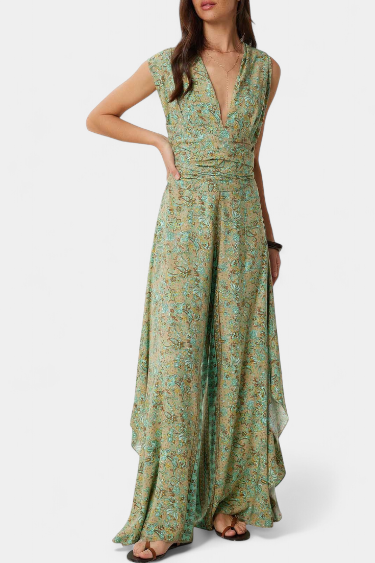 Leandra Macacão Fluido Cruzado com Estampado Floral Verde