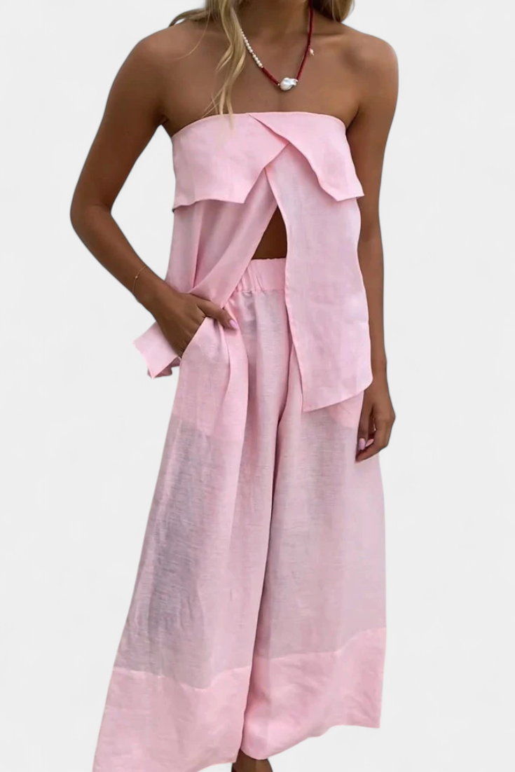 Oriana Conjunto Strapless com Saia de Abertura em Cor Lisa