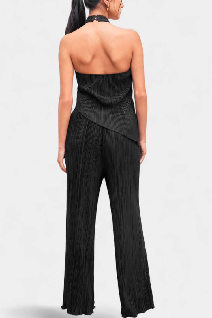 Pilarica Conjunto Plissado com Top Assimétrico Halter e Calças Fluidas