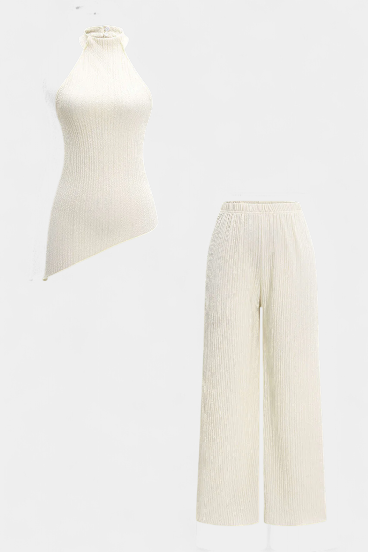 Pilarica Conjunto Plissado com Top Assimétrico Halter e Calças Fluidas