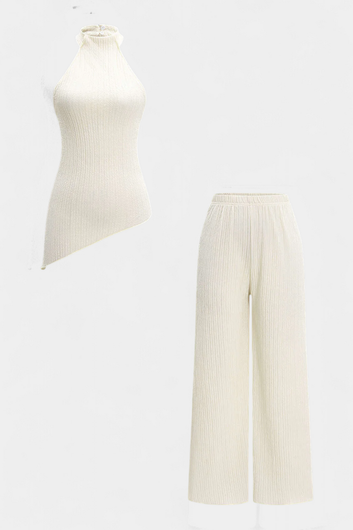 Pilarica Conjunto Plissado com Top Assimétrico Halter e Calças Fluidas