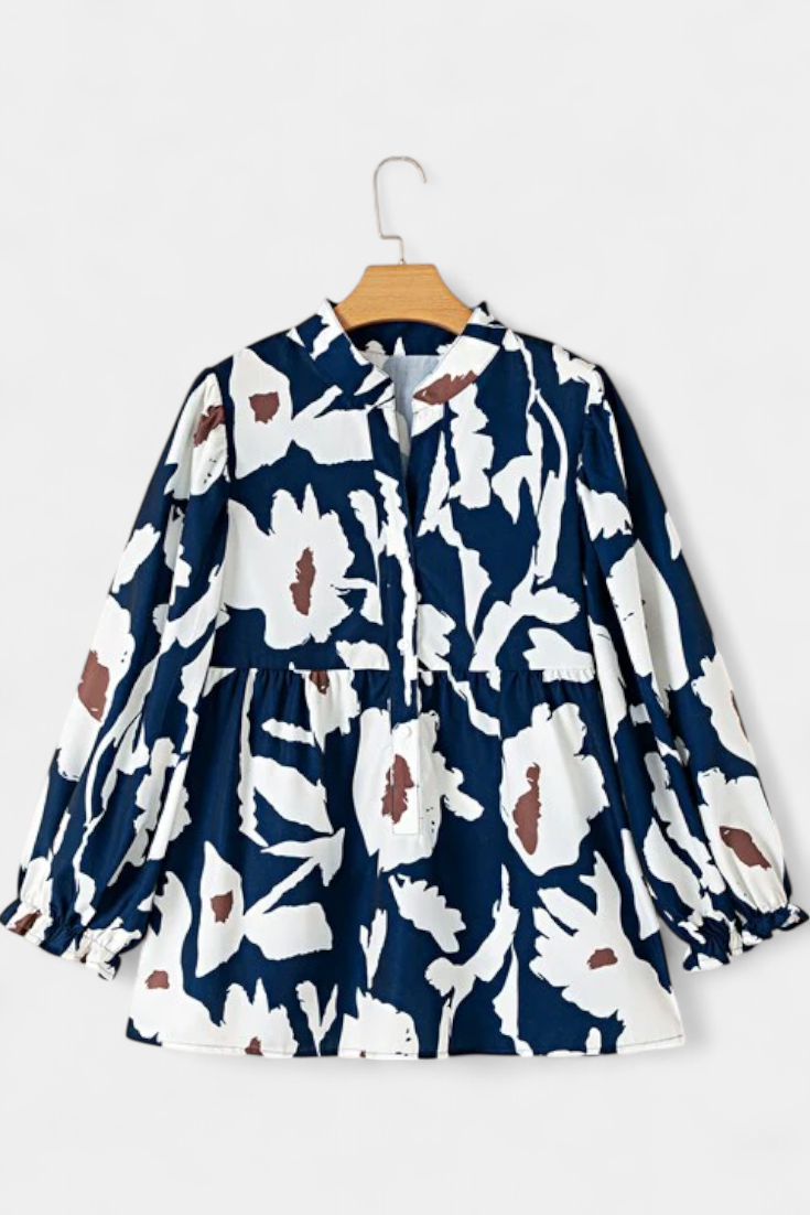 Filomena - Blusa com Botoadura Parcial e Manga Bufante com Estampado Floral Abstrato