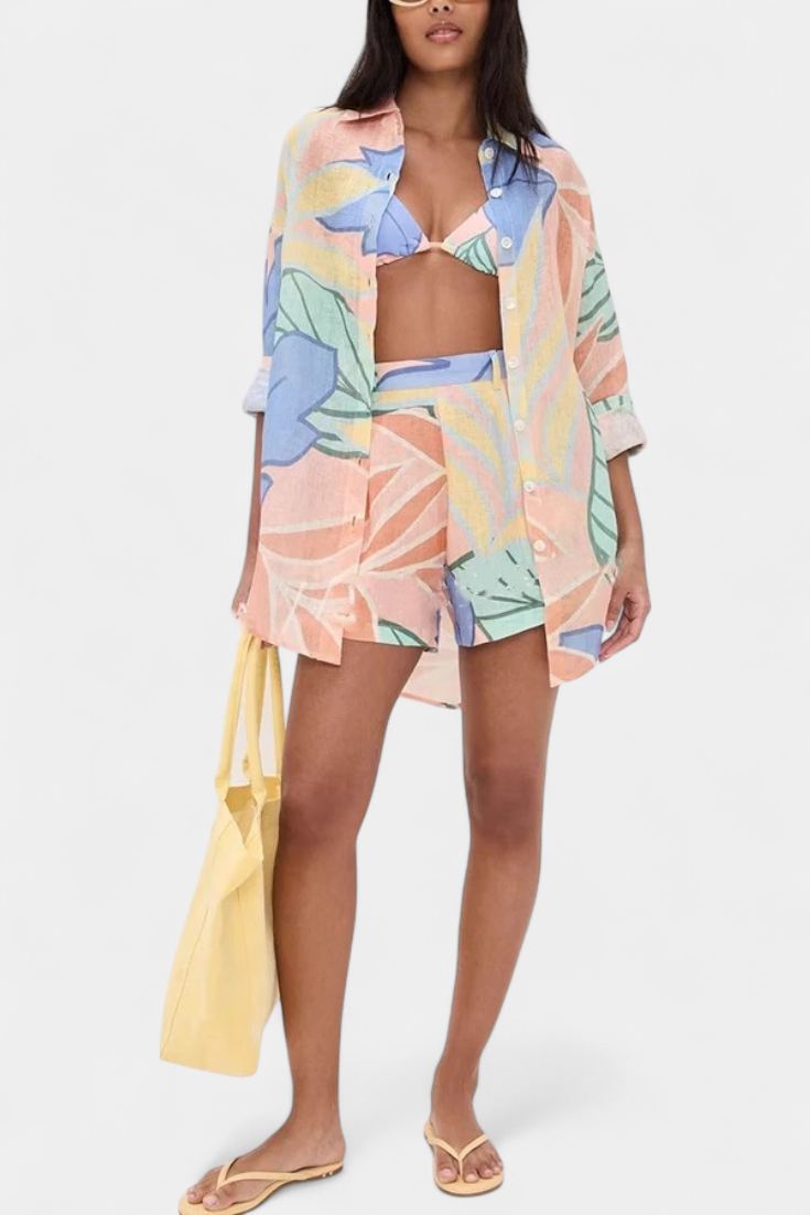 Lumina Conjunto Tropical com Camisa Solta e Calções de Cintura Alta