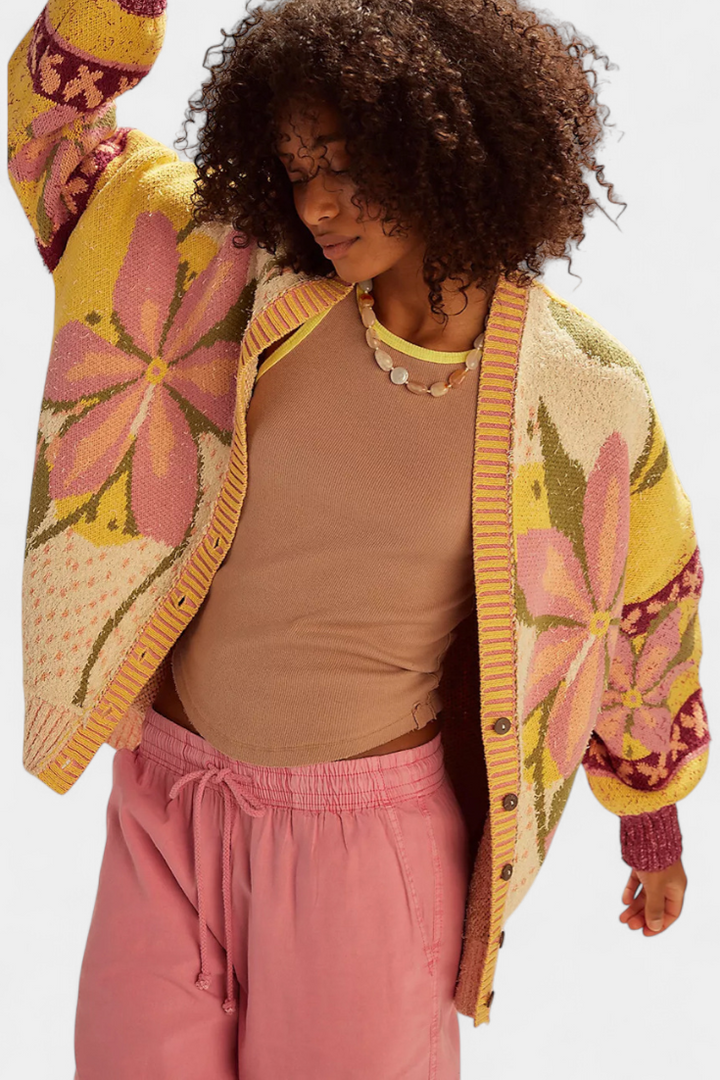 Casey - Cardigan de Malha com Padrão Floral e Ajuste Solto
