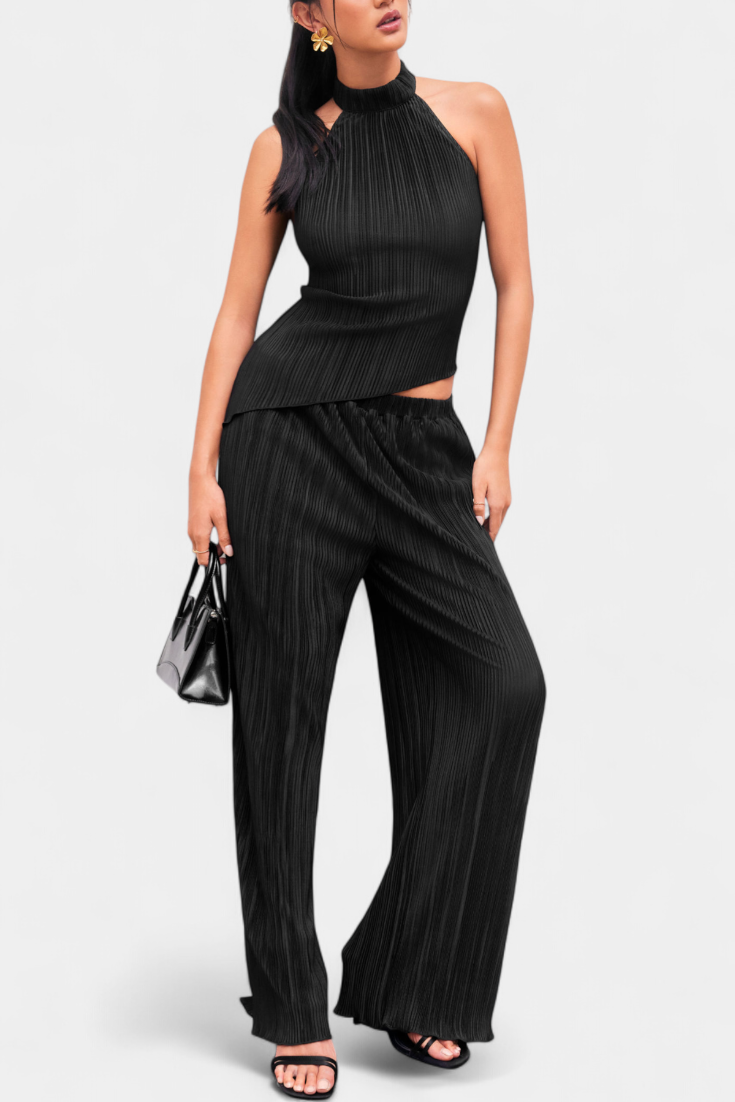 Pilarica Conjunto Plissado com Top Assimétrico Halter e Calças Fluidas