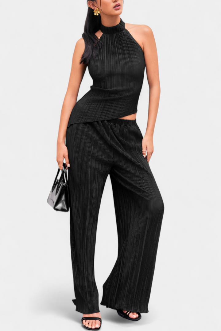 Pilarica Conjunto Plissado com Top Assimétrico Halter e Calças Fluidas