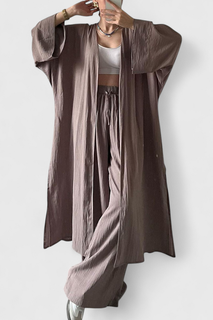 Suella Conjunto Casual de Duas Peças com Cardigan Comprido e Abertura Lateral