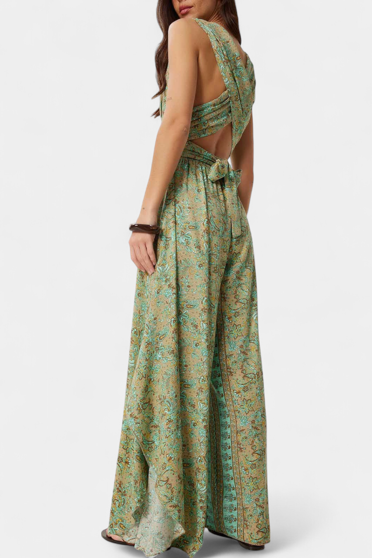 Leandra Macacão Fluido Cruzado com Estampado Floral Verde