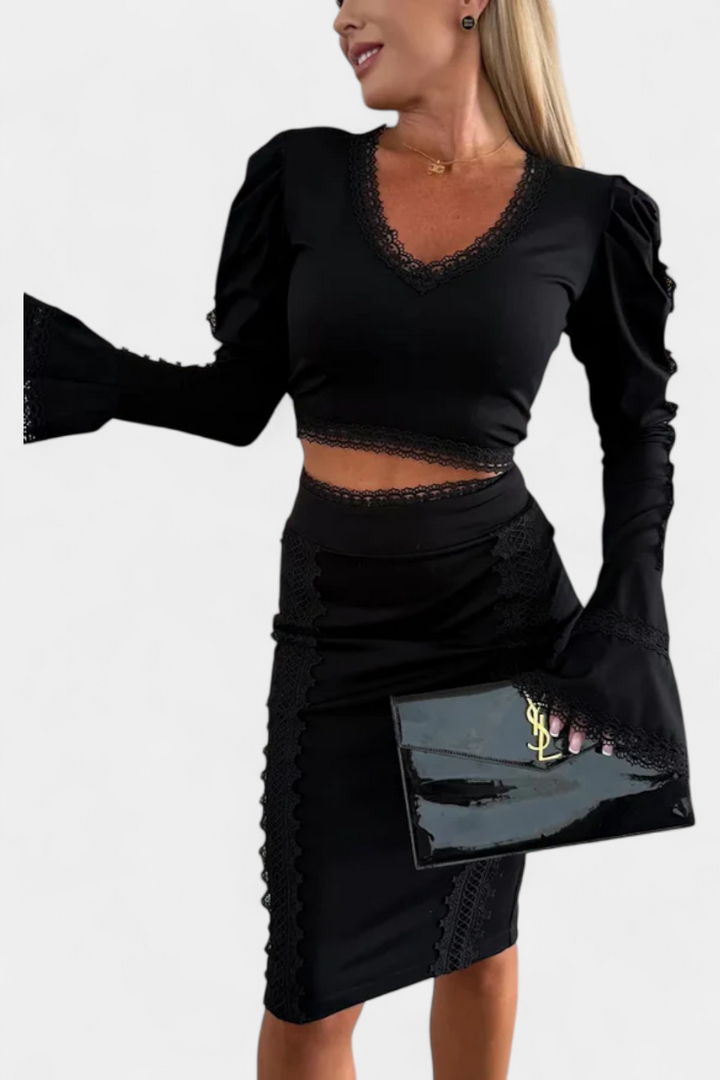 Minerva Conjunto Elegante de Top com Renda e Saia de Cintura Alta