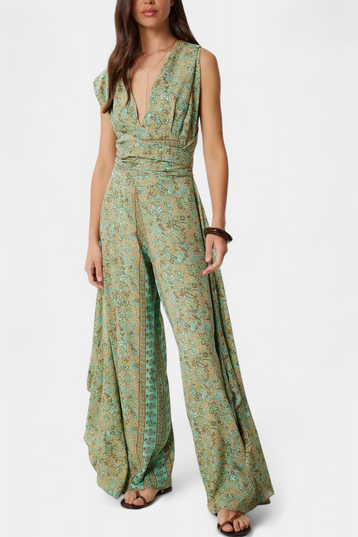 Leandra Macacão Fluido Cruzado com Estampado Floral Verde