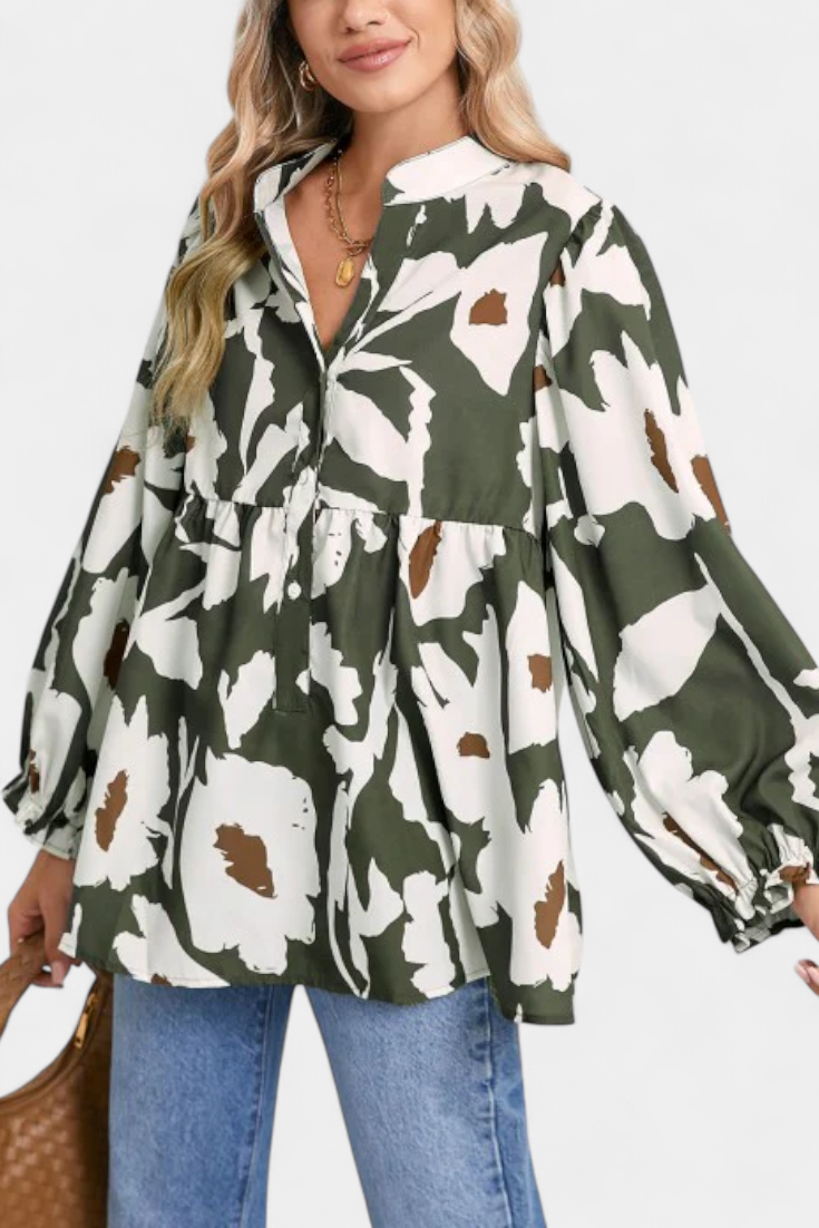 Filomena - Blusa com Botoadura Parcial e Manga Bufante com Estampado Floral Abstrato