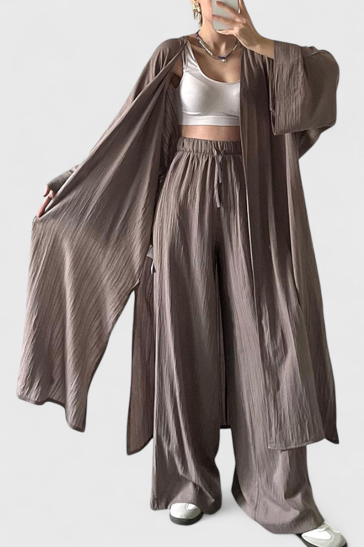 Suella Conjunto Casual de Duas Peças com Cardigan Comprido e Abertura Lateral